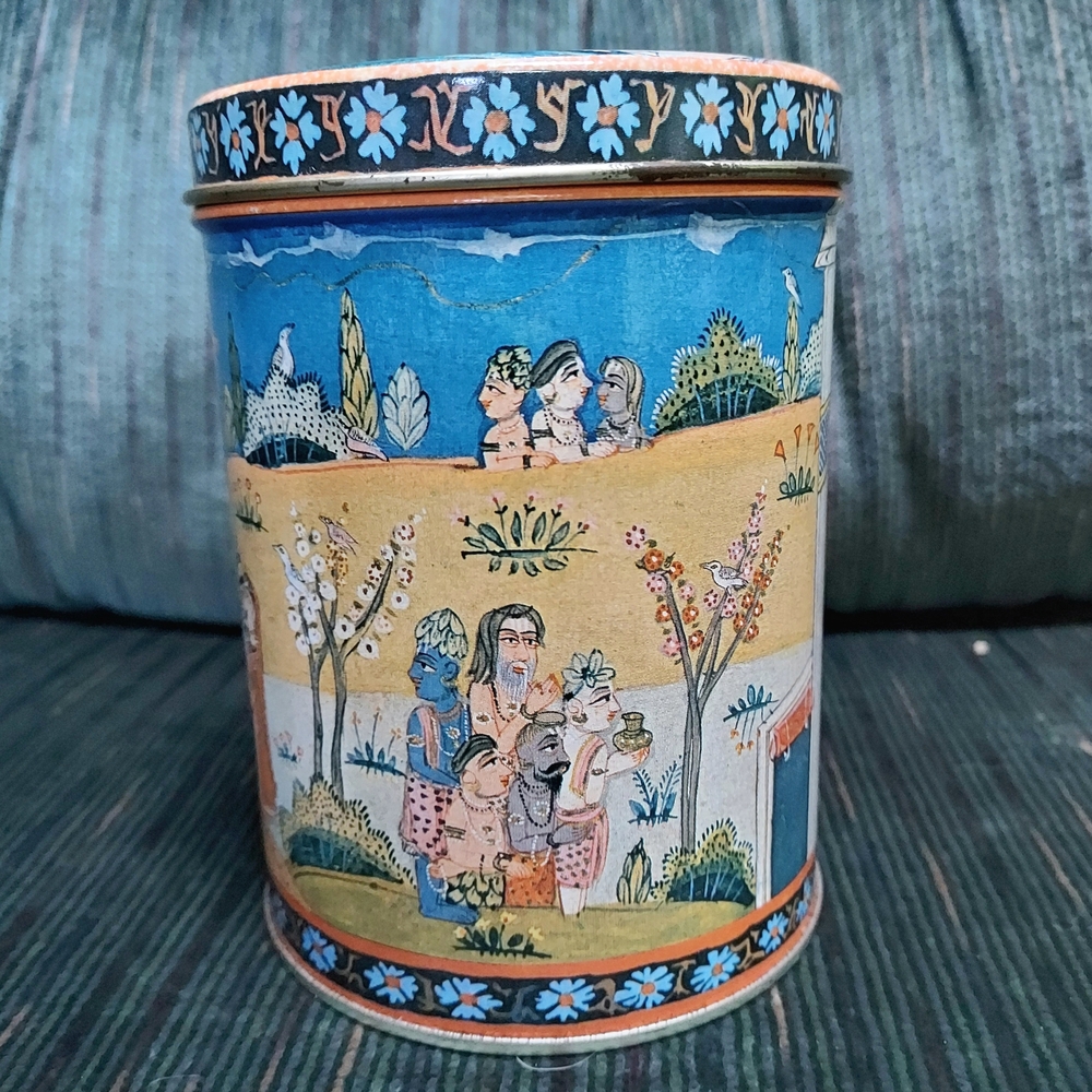 Vtg Rare Rajasthani Ben Rickert collectible tin canister WITH bath oil crystals